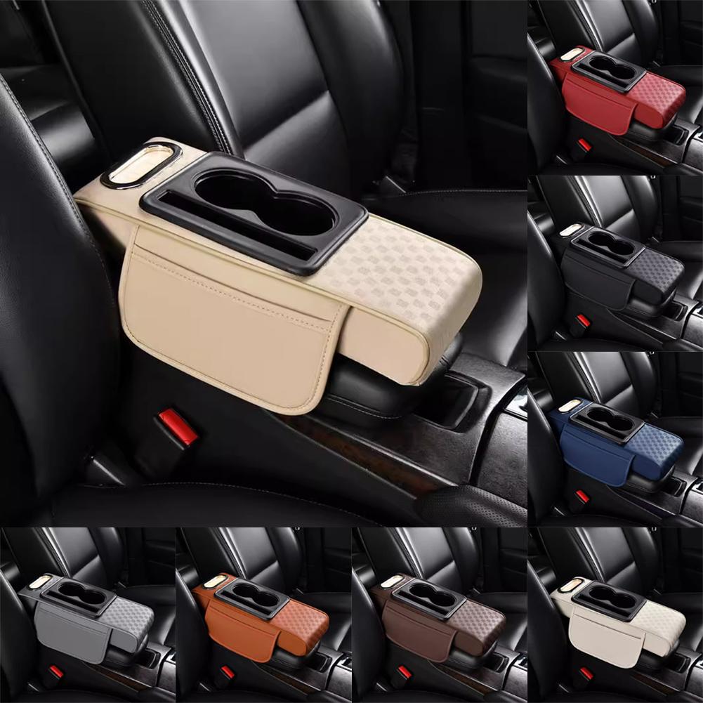 Car Center Console Height Increasing Armrest Cushion PU Multifunctional Tissue Cup Holder Box with Pad Armrest Leather Univ N5M8