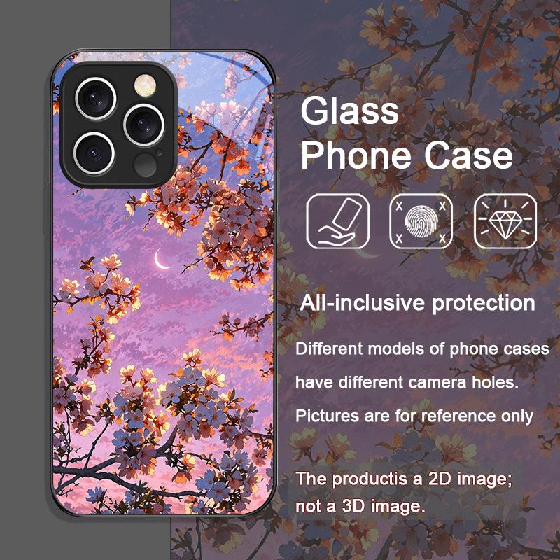 Moon Cherry Blossom Pattern Scenery Tempered Glass Phone Case for iPhone 17 16 Pro Max 15 14 13 12 11 Mini XS XR 7 8 Plus Cover