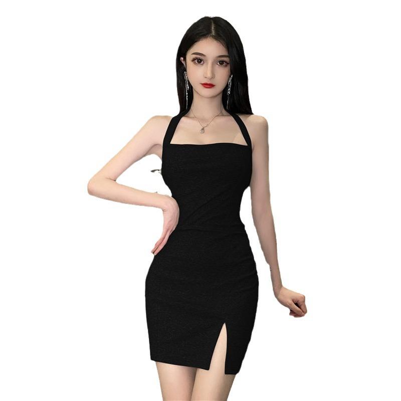 Rochie sexy halter cu gât, slim, de culoare uni pentru femei