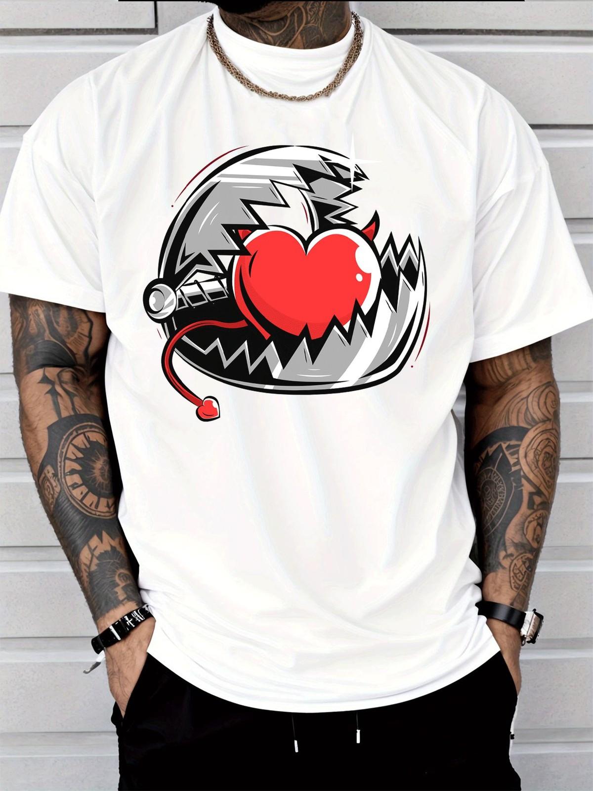 Street Style T-Shirt with Red Heart Devil Horns Tail Star Broken Circle Graphic XXXXL