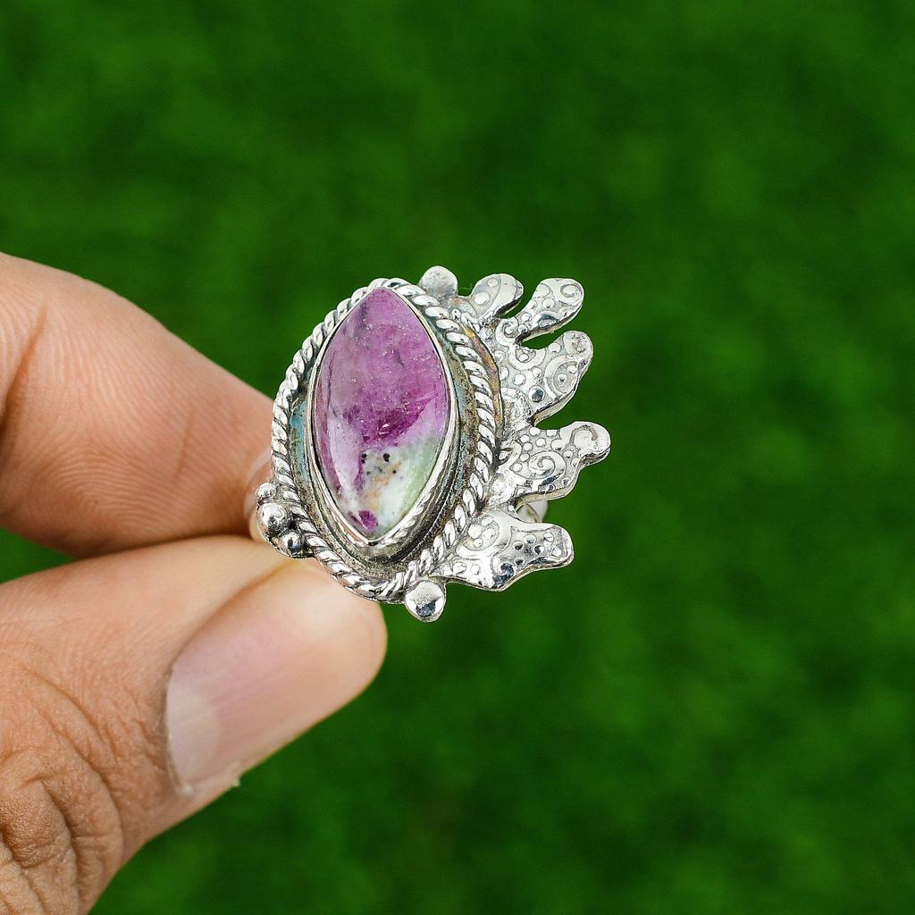 Mothers day Deal 925 Sterling Silver Natural Ruby Zoisite Statement Wife Ring