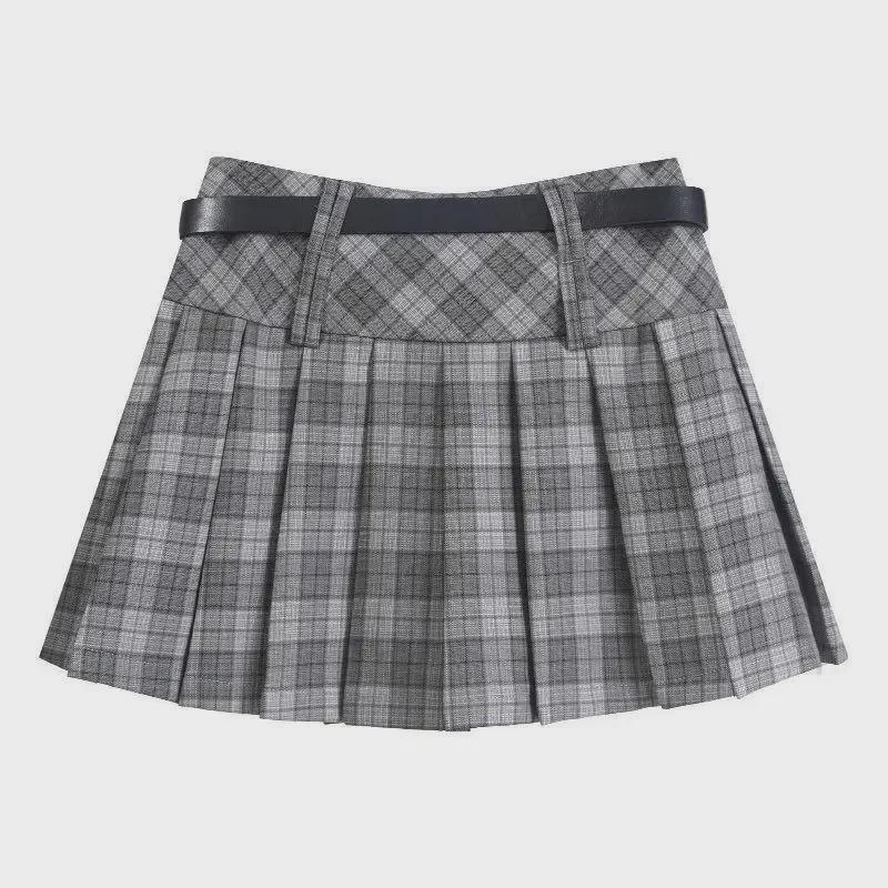 Gonna Midi Plissettata da Donna Autunnale Retro a Quadri a Vita Alta con Shorts Anti-Esposizione