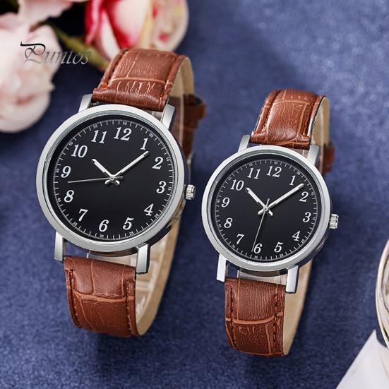 Couple Watch Round Battery Operated Faux Leather Strap Elegant 3-Hand Birthday Gift Adjustable Men Women Quartz Wrist Watch Fashion Jewelry