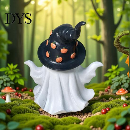 Soft Aesthetic Ghost Sculptures Halloween Decoration, Holding Pumpkin Resin Figurine with Witch Cute Home Party Accents Hat, Spooky Tabletop Decor for