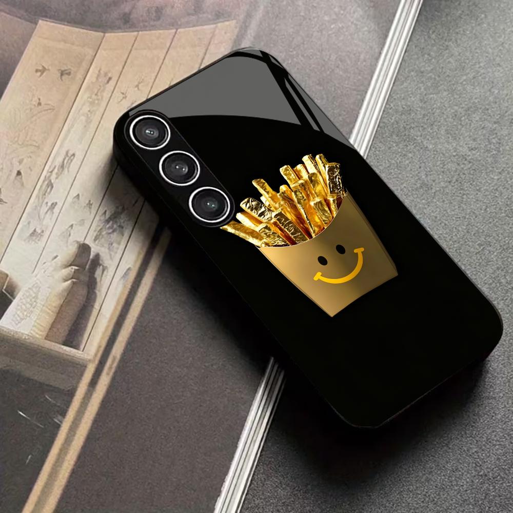 Smile face French fries Exquisite High-end PhoneCase Glass TPU PhoneCase for Samsung Galaxy S26 S25 S24 S23 S22 FE,Ultra,Plus