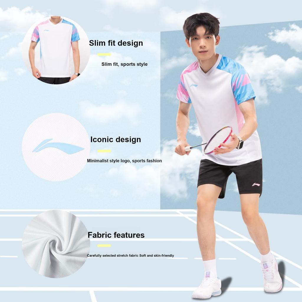 Li Ning Badminton Series Quick-Dry Breathable Sweat-Wicking Training Short Sleeve T-Shirt And Shorts Casual Sports Set Unisex sports set AATV101-1