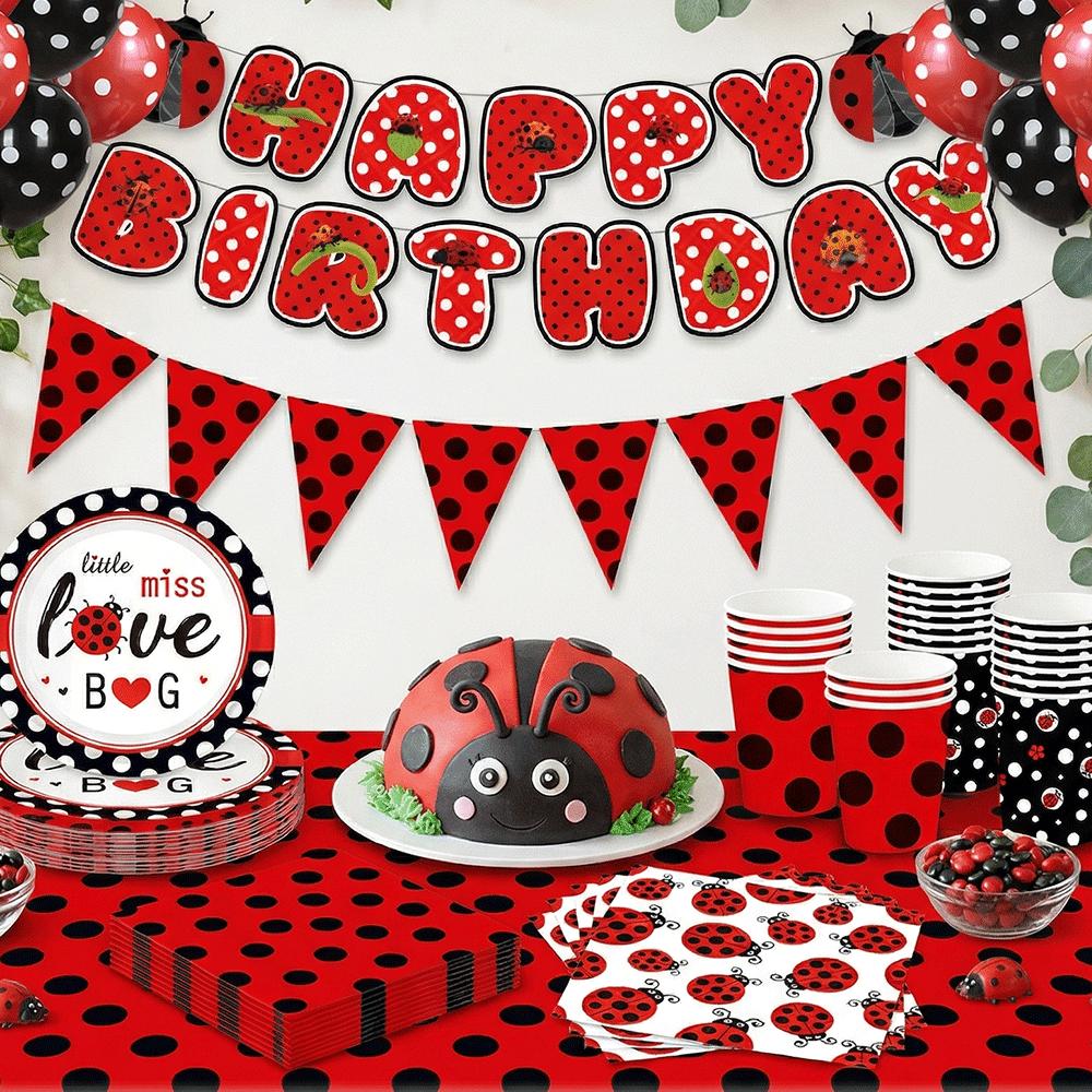 Red Black Polka Dot Party Supplies Ladybug Theme Tableware Plates Cups Napkins Balloon Kids Girl Birthday Decoration Baby Shower