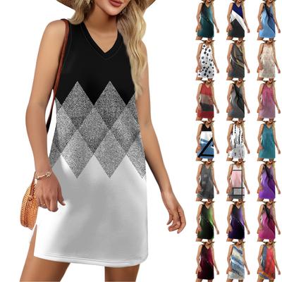 Women's V-neck Summer Casual Beach Vacation Women's Sleeveless Color Block Patchwork Print Sundress
