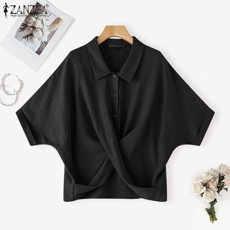 

ZANZEA Женские рубашки с лацканами, с рукавами до локтя, на пуговицах, свободные, асимметричного кроя S чёрный