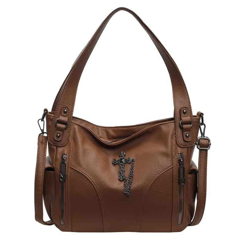 

FLYING STARS Brand Women s Tote Bag Hardware Cross Women s Y2K Handbag Vintage PU Leather Large Capacity Women Shoulder Bag 35cmX24cmX12cm