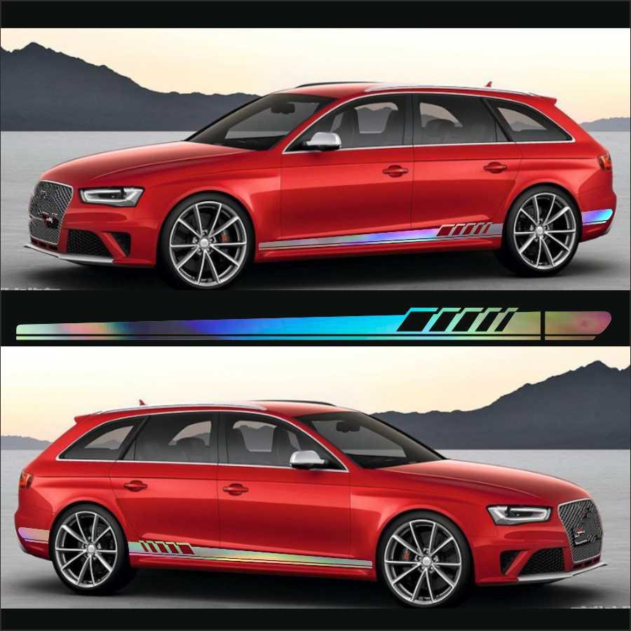 2Pcs Laser Reflective Car Auto Graphics Both Side Body Vinyl Decal Sticker Sports Racing Race Car Long Stripe Decals