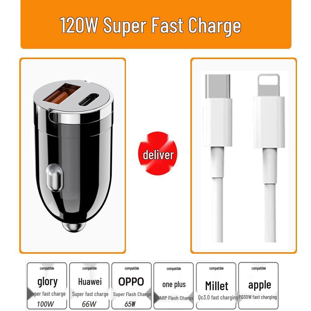 120W Fast Charging Mini Car Charger with Invisible Design for Cigarette Lighter