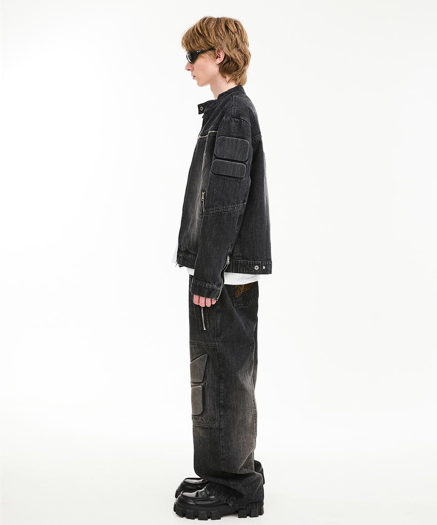 Hoodhood Embossed Denim Biker Jacket Black
