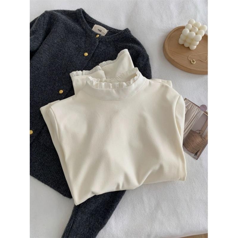 Women Autumn Winter Half Turtleneck Fleece Lined Long Sleeve Lace Trim Slim Fit Base Layer Top