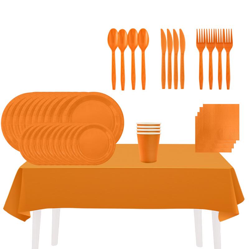 Orange Disposable Party Supplies: Paper Plates, Cups, Napkins, Cutlery, and Tablecloth