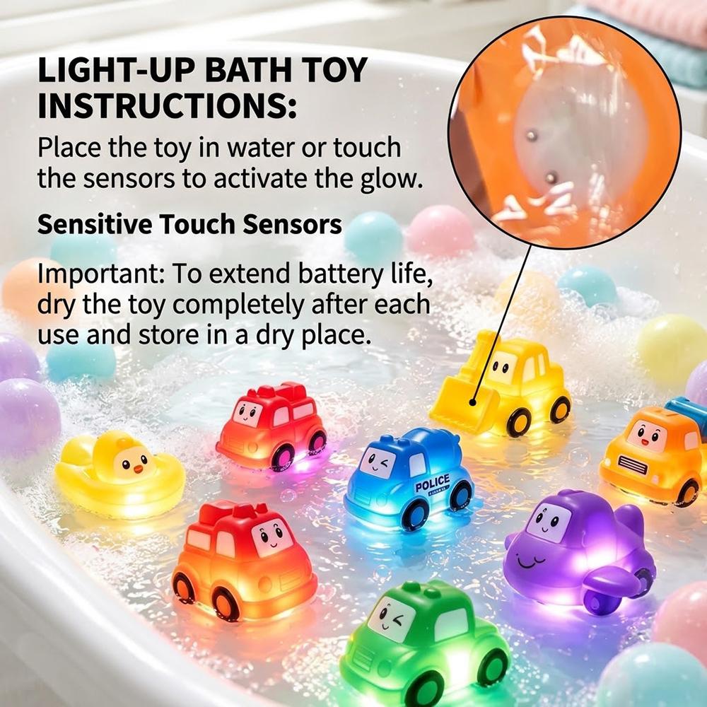 Light Up Car Playset Bath Toys LED Sensory Soft Vinyl Floating Water Play Toys for Bathtub & Pool Toddler Toys for 3 4 5 Years