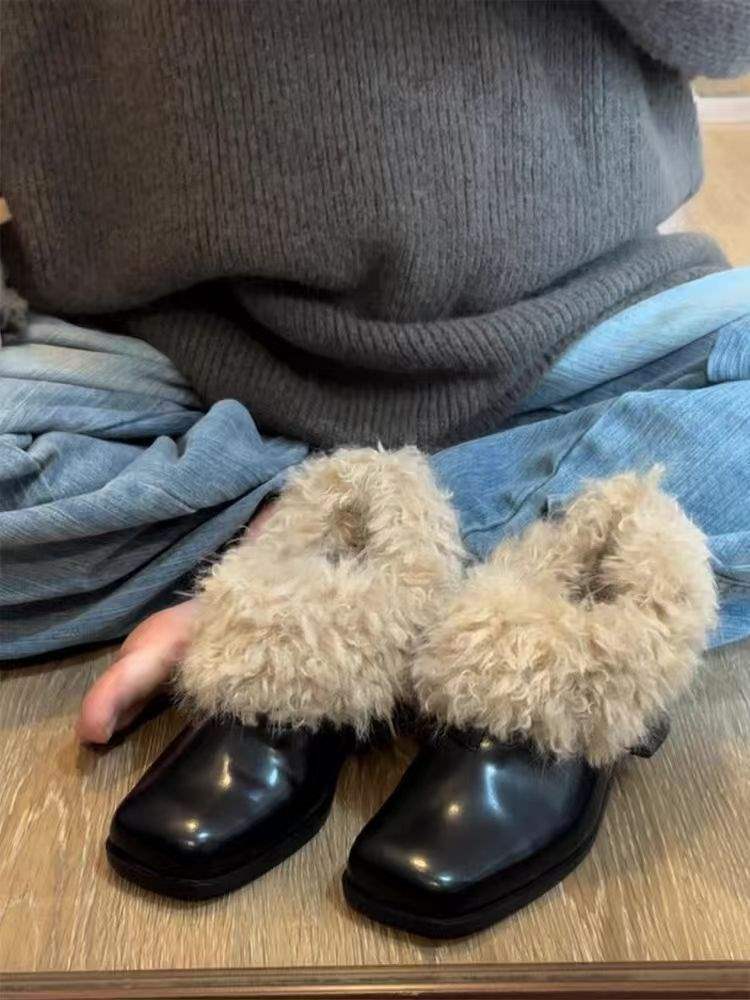 Cowhide version~ Square head fluffy shoes with fleece to keep warm retro Mary Jane small leather shoes thick heel single shoes temperament high heels