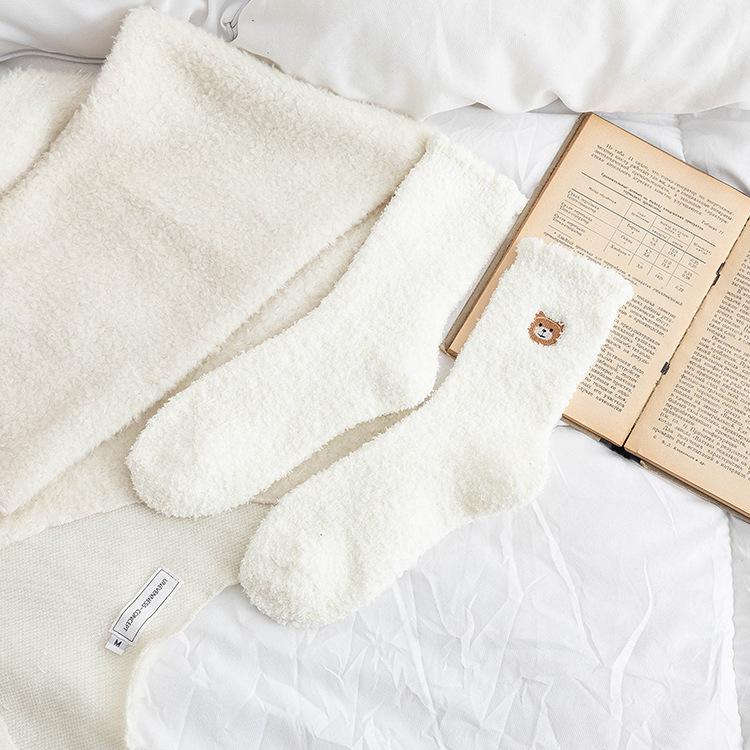 1pair Coral Fleece Sleeping Socks Home Socks Women's Mid-tube Autumn and Winter Embroidery Bear Cute Plus Velvet Thick Warm Long Tube