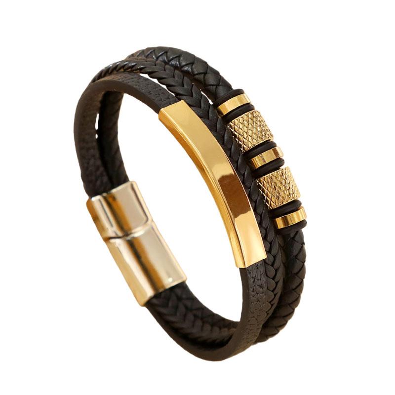 Herrarmband i flätat läder, flerskiktad design med texturerade legeringsdetaljer, Streetwear-manschettarmband, Ny trendig punkig, edgy stil