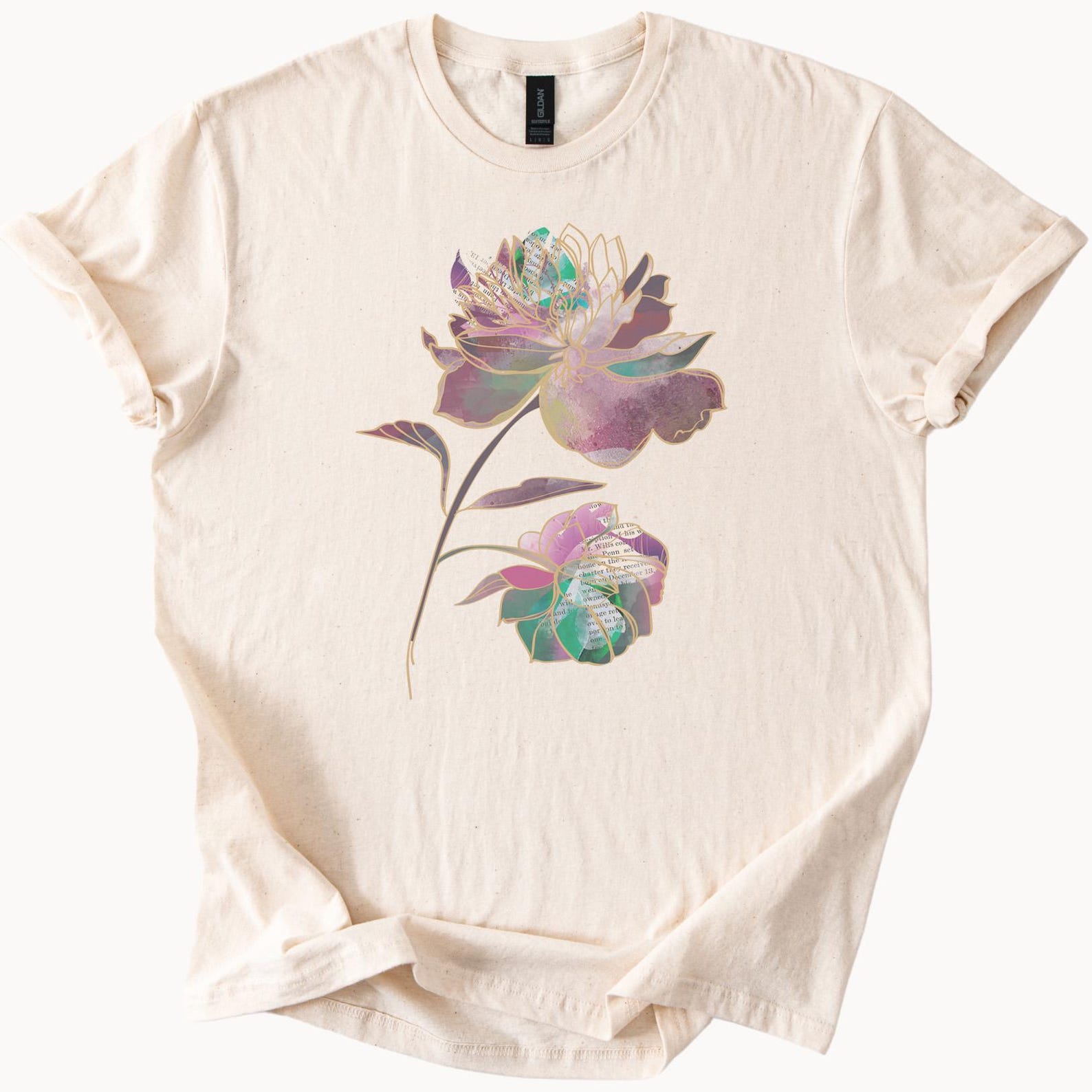 Large pastel floral graphic tee colorful artistic flower illustration shirt pink purple green blue rose design soft cotton tshirt 110