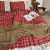 INS Girls Retro Red Grid Bedding Sets  New Lace Bed Sheet Set Women Plaid Queen Size Duvet Cover Sets With Pillowcases