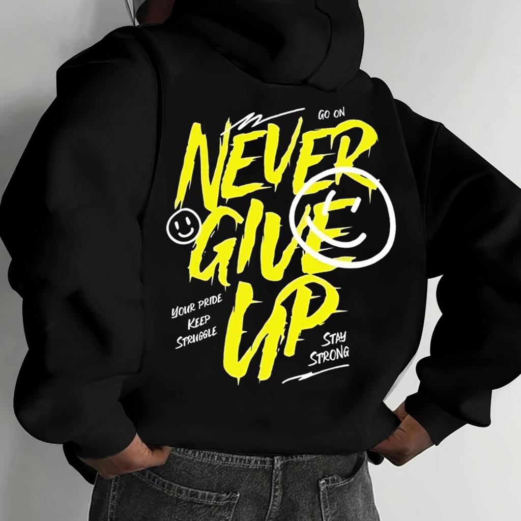 Autumn/Winter Men Vintage NEVER GIVE UP Graphic Hoodie Fashion Streetwear Hoodies Unseix Sweatshirt Fleece Oversized Casual