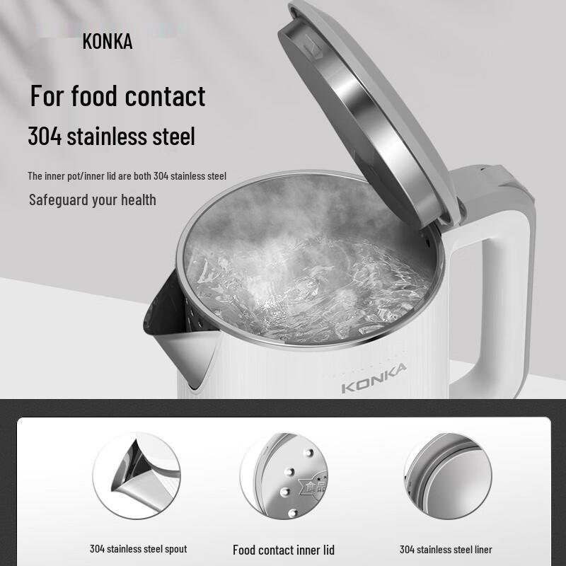 KONKA Czajnik elektryczny 1,8L 304 ze stali nierdzewnej, dwuwarstwowy, zapobiegający oparzeniom