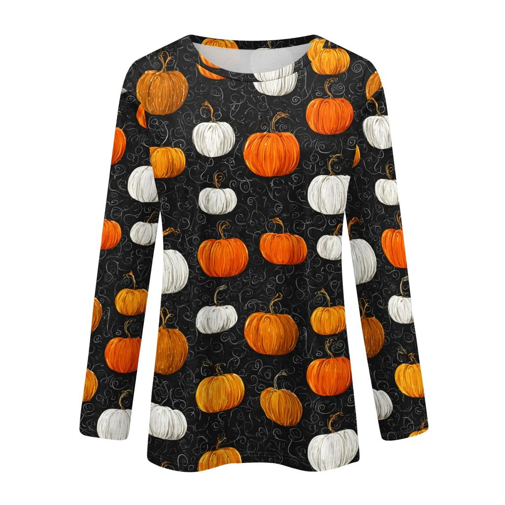 Women's Casual Long Sleeve Pullover Sweatshirt Halloween Pumpkin Print Round Neck Top Lightweight Comfortable Fit