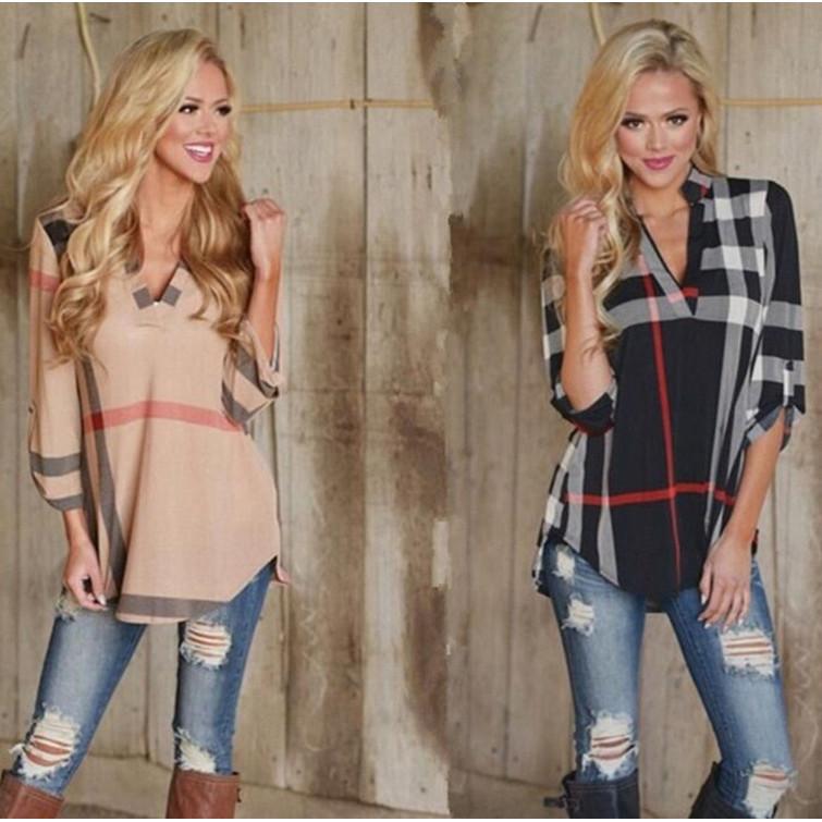 Womens Blouse New Striped Plaid Long Sleeve Ladies Top T Shirt Loose Tops Casual