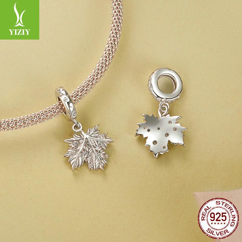 Chaîne Pendentif Feuille d'Érable Brillante DIY, Bracelet Romantique Feuille d'Automne Argent S925 Perlé
