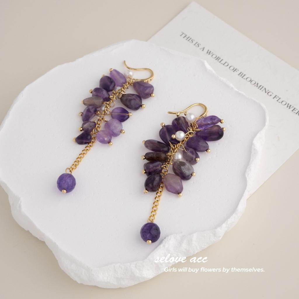 Purple Grape~ Natural Purple Hair Crystal Beaded Earrings Earrings Pendant Amethyst Handmade Design Stud Earrings New Chinese Earrings