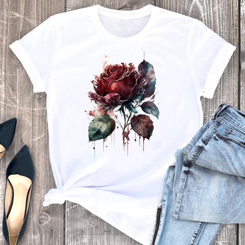 European size Tee Top Women T Shirt Woman Female Flower Trend 90s Lovely Cute Short Sleeve Clothing Print Fashion Graphic T-shirts