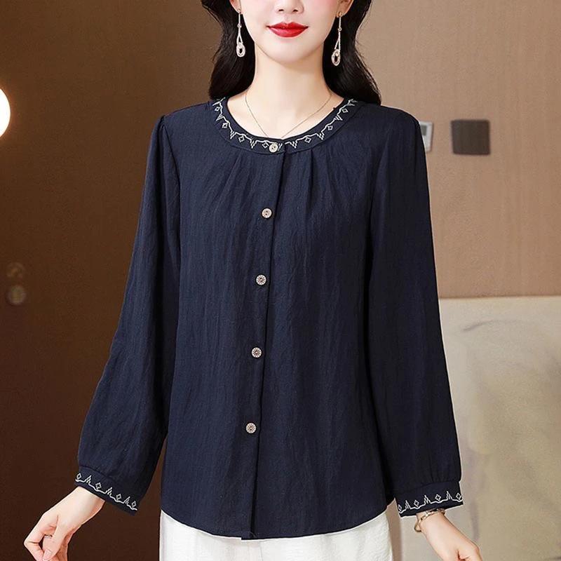 Cămașă din Bumbac In Brodat pentru Femei Început de Toamnă Nouă Largă Acoperitoare de Burtă Versatilă Bluze din Bumbac In cu Mâneci Lungi