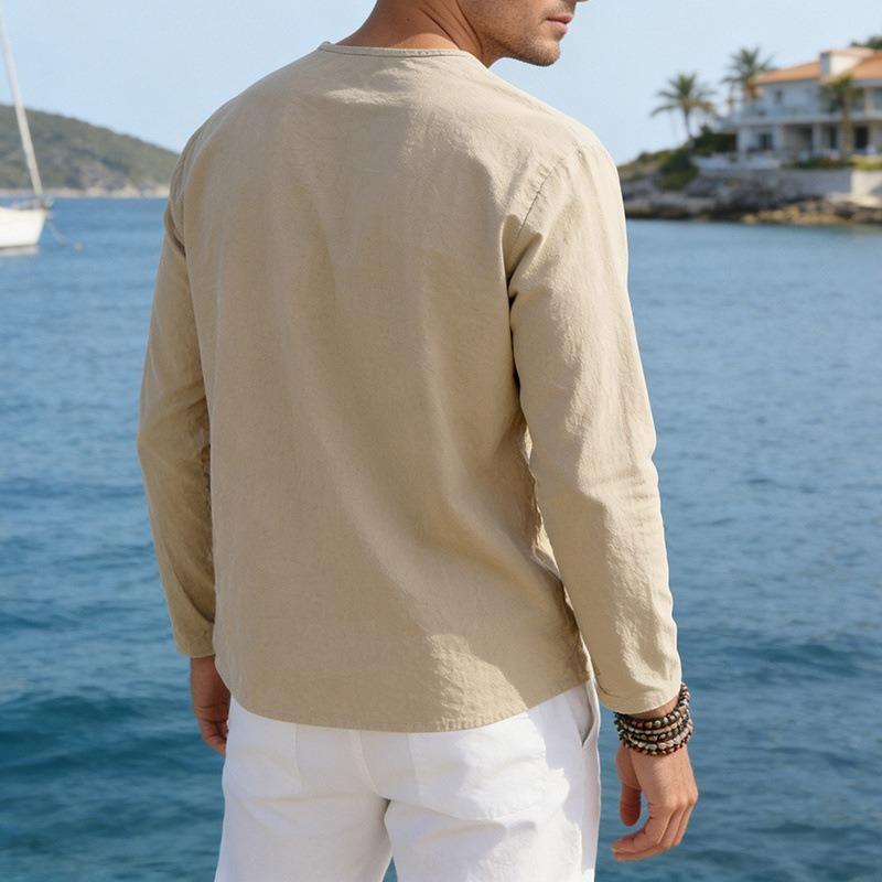 Men Casual Loose V Neck Long Sleeve Linen T Shirt Big Size
