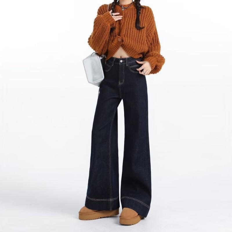 Women's Winter Thick Velvet Slimming Wide Leg Jeans - Plus Size, Dark Color, Warm Micro Flare Pants