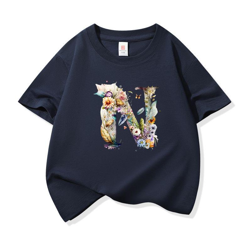 Kids Cotton T Shirt Floral Letter N Print Crew Neck Short Sleeve Tee Casual Boys Girls Summer Tops