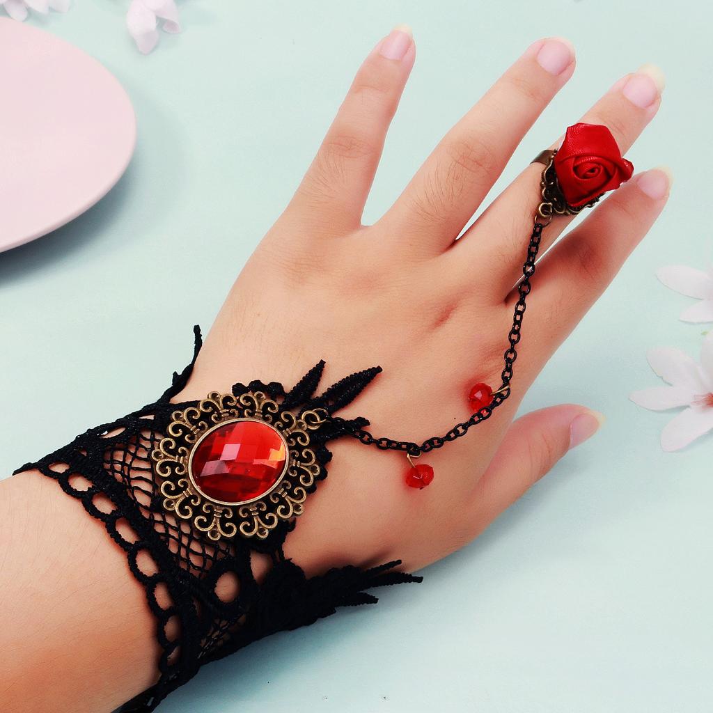 Bracelet Chaîne de Main Bague Rose Dentelle Noire Gothique Bijoux de Fête d'Halloween