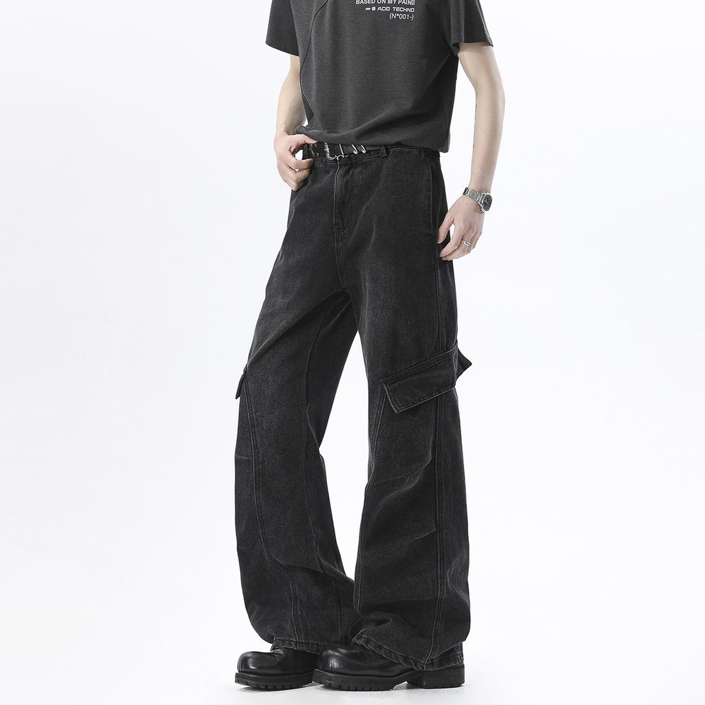 American Retro Men's and Women's Tooling Jeans Heavy Industry Washed Multi-pocket Straight Pants Design Pleated Wide-leg Pants