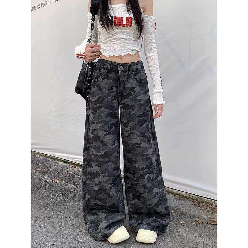 American High Street Retro Camouflage Wide-Leg Jeans, Women's Autumn High-Waist Loose Pants