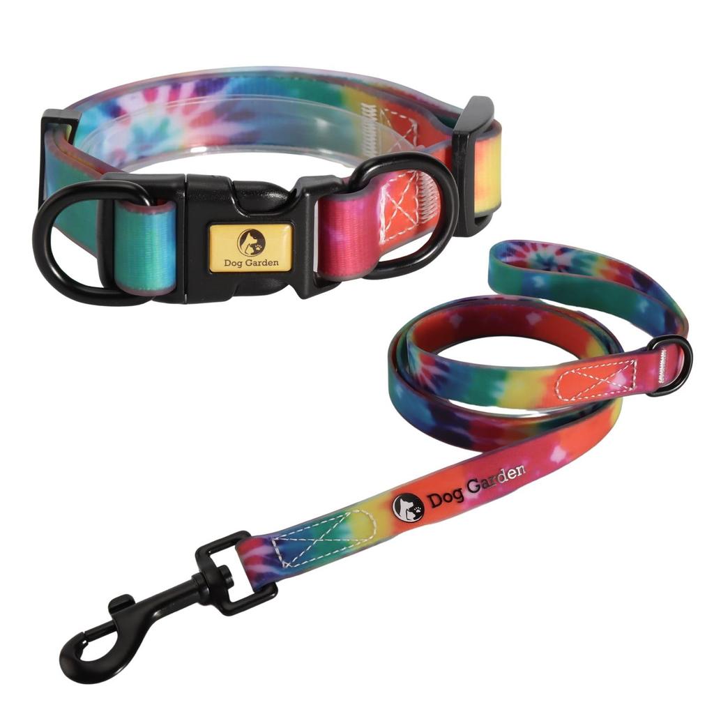 DogGarden Waterproof Collar Lead Set Fits Necks Suitable for All Small Lightweight & (Small), 24-36cm, 1.5cm Wide, Dogs, PVC, Pool, Tie-Dye