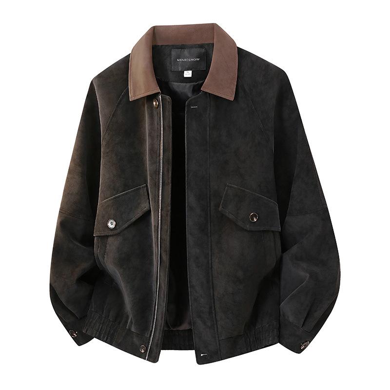 Men's Color Leather Jacket with Lapel Collar Retro Loose Fit Plus Size Outerwear for Spring Fall