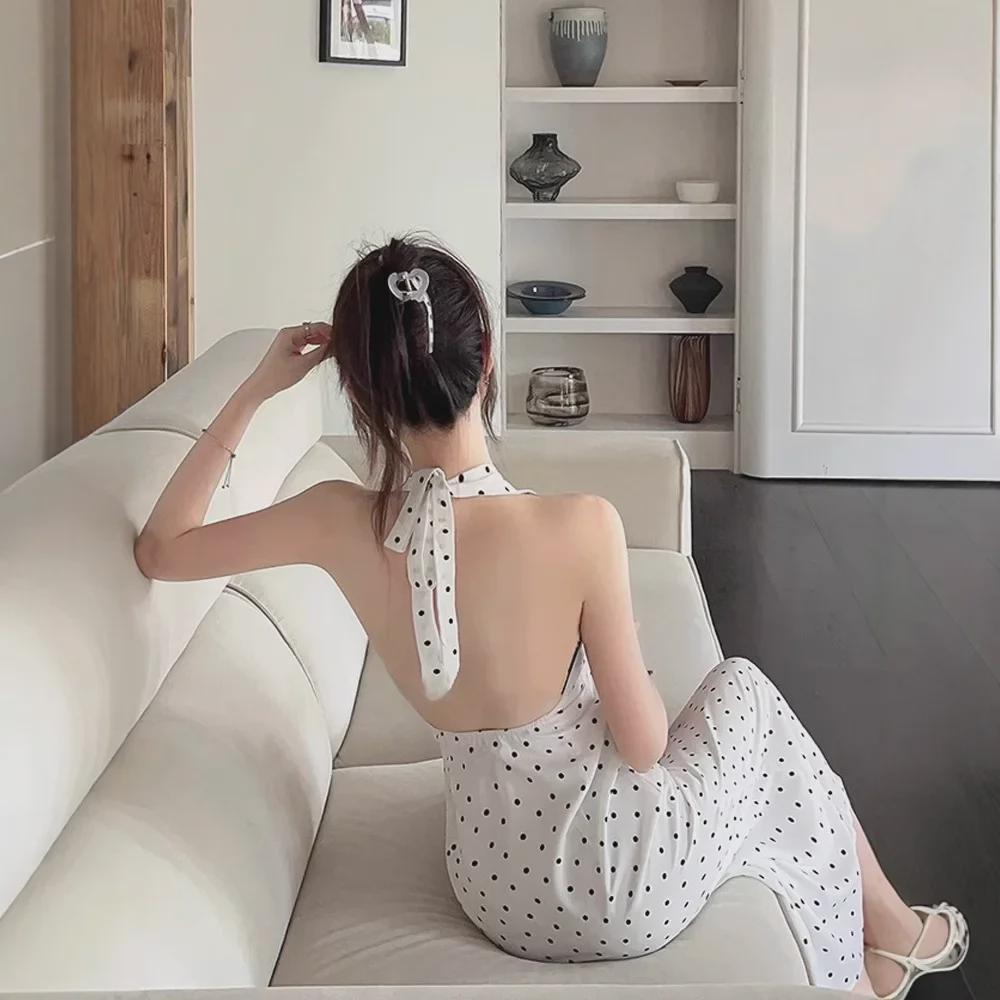 Women's 2025 French Seaside Halter Backless Polka Dot Maxi Dress