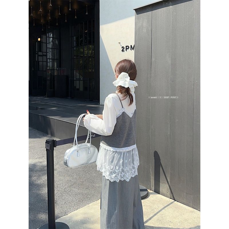 Kumikumi Design Lace Long Sleeve Shirts Stacked Vest Sling Women Autumn Loose Casual Pants Three-Piece Set