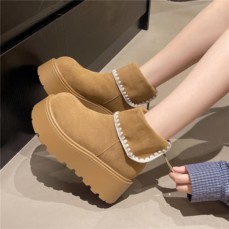 Women's Lightweight Platform Winter Boots with Thick Soles, Warm Fleece Lining, Fur Trim, Slip-Resistant, Casual Sporty Suede Lace-Up Cotton Boots