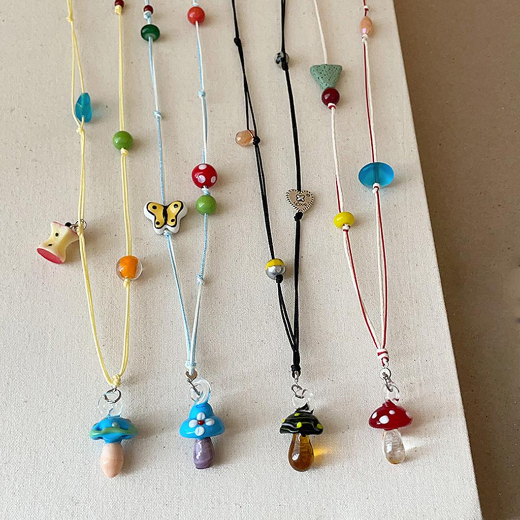 Vibrant Handcrafted Mushroom Pendant Necklace With Adjustable Braided Cord Collarbone Chain For Women Daily Wear