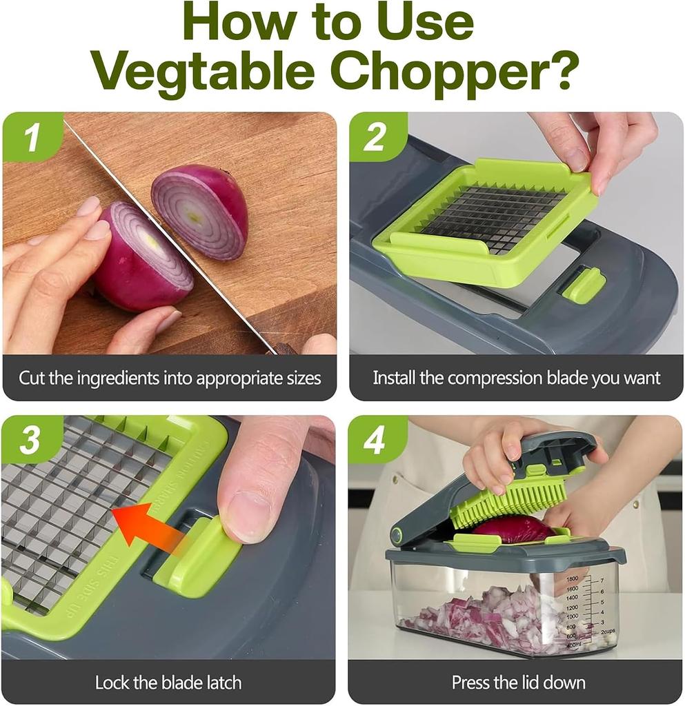 16-in-1 Chopper and Slicer—Vegetable Dicer, Mandoline Slicer, Spiralizer, Equipped with 8 Stainless Steel Blades, Includes Food Storage Container Less