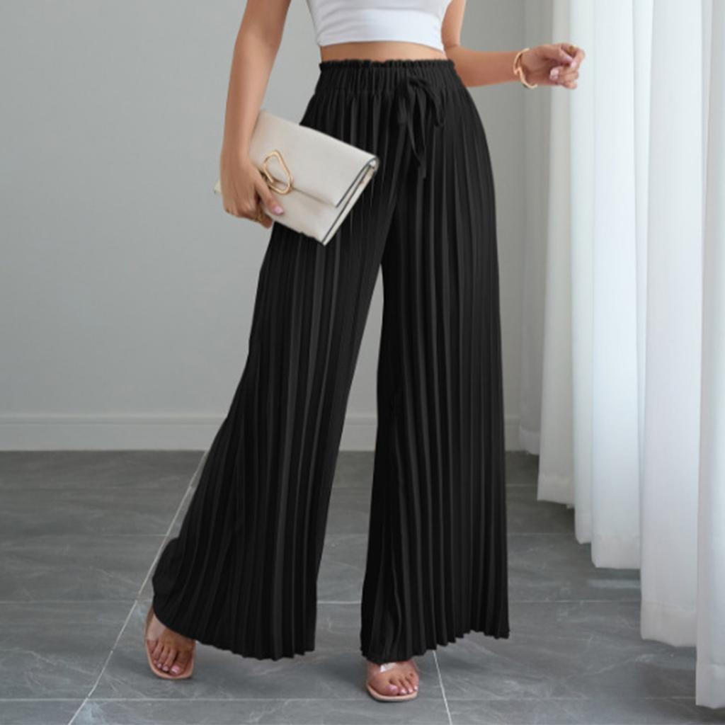 Women's Solid Color Pleated Elastic Waist Tie Loose Wide-leg Pants
