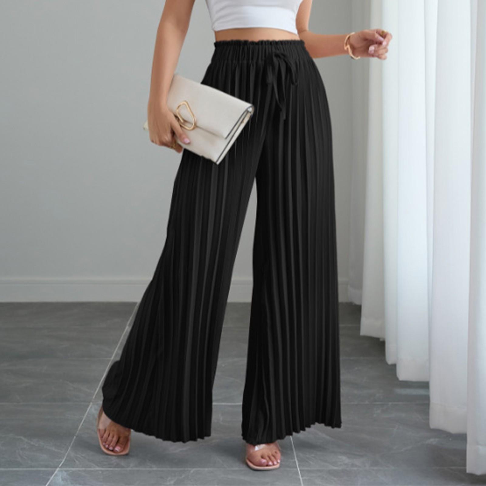 

Женские однотонные плиссированные брюки с эластичной талией на завязках, свободные, с широкими штанинами M чёрный