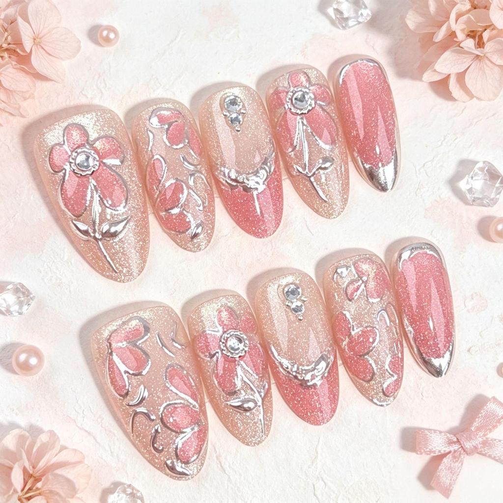 European 3D Wearable Nails: Silver Flakes & Cat Eye Diamonds, Begonia Flower French Manicure Stickers