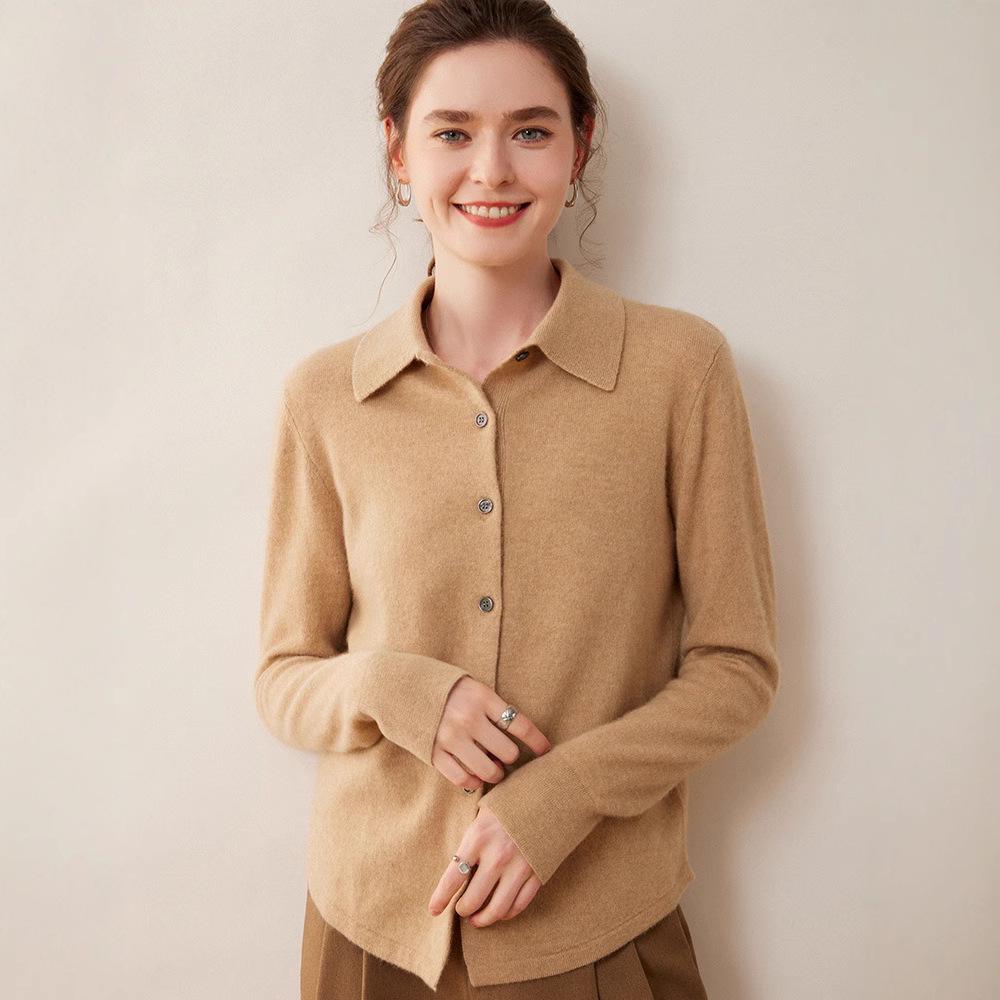 Elegant Women's Cashmere Knit Polo Collar Cardigan - Long Sleeve, Loose Fit, Versatile and Warm.